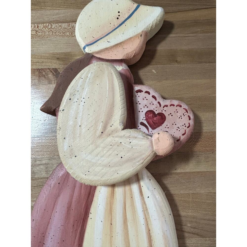 Large Country Folk Art Girl Wall Hanging Heart Bonnet Pink Cottagecore Decor 21” - Picture 3 of 5